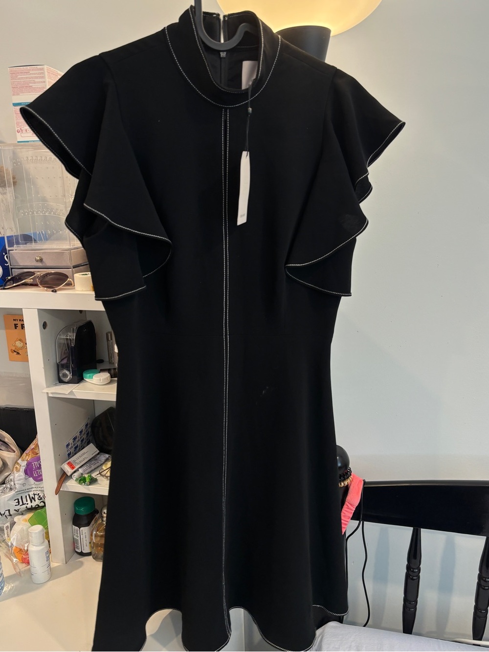 cinq a sept Black Midi Dress with Ruffle Sleeves and Contrast Stitch